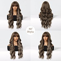 Haoland Ombre Brown Wigs With Bangs26 Inch Long Wavy Wig For Womenlong Curly Gray Wigs Dark Roots Synthetic Hair For Wedding D