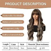 Haoland Ombre Brown Wigs With Bangs26 Inch Long Wavy Wig For Womenlong Curly Gray Wigs Dark Roots Synthetic Hair For Wedding D