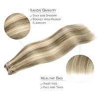 Wennalife Sew In Hair Extensions Real Human Hair 20 Inch 100G Ash Brown Highlighted Golden Blonde Machine Weft Hair Extensions