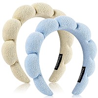 Ztomine Spa Terry Cloth Headband Combo Pack 2 Puffy Makeup Facial Headbands For Face Washing And Masks Beige Blue