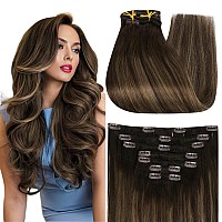 Full Shine Brown Human Hair Clip In Extensions 22 Inch Balayage Invisible Clip In Hair Extensions Dark Brown Mix Light Brown Rea