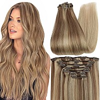 Full Shine Clip In Hair Extensions Real Human Hair Balayage Thick Hair Extensions Clip Ins Golden Brown To Dark Blonde Remy Hair