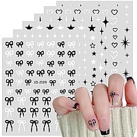 6Pcs Designer Nail Stickers For Nail Art Simple Cute Bow Stars Hearts Four Pointed Star Shiny Black White Sticker For Nail Desig