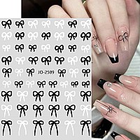 6Pcs Designer Nail Stickers For Nail Art Simple Cute Bow Stars Hearts Four Pointed Star Shiny Black White Sticker For Nail Desig