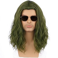 Pattnium Mens Green Wig Long Wavy Dark Green Male Wig Shoulder Length Men Wig Green Unisex Wig Heat Resistant Synthetic Hair Cos