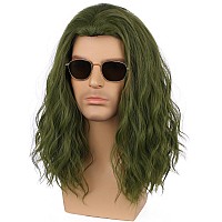 Pattnium Mens Green Wig Long Wavy Dark Green Male Wig Shoulder Length Men Wig Green Unisex Wig Heat Resistant Synthetic Hair Cos