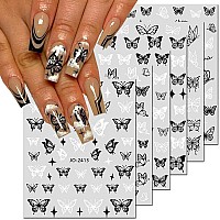 6 Sheets Butterfly Nail Art Stickers Decals 3D Butterfly Nail Stickers For Nail Art Black White Butterflies Star Designer Nail S