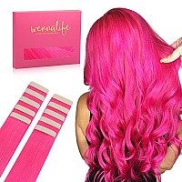 Wennalife Tape In Hair Extensions Human Hair Hot Pink Tape In Extensions 10Pcs 30G 26 Inch Remy Invisible Tape Ins Straight Col