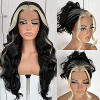 Mitimes 13X6 Skunk Stripe Wig Glueless Middle Skunk Stripe Body Wave Lace Front Wigs Pre Plucked Synthetic Long Highlights Wear