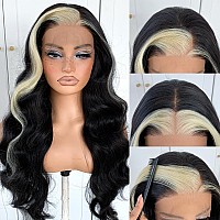 Mitimes 13X6 Skunk Stripe Wig Glueless Middle Skunk Stripe Body Wave Lace Front Wigs Pre Plucked Synthetic Long Highlights Wear