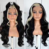 Mitimes 13X6 Skunk Stripe Wig Glueless Middle Skunk Stripe Body Wave Lace Front Wigs Pre Plucked Synthetic Long Highlights Wear