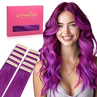 Wennalife Tape In Hair Extensions Human Hair Purple Tape In Extensions 10Pcs 20G 10 Inch Remy Invisible Tape Ins Straight Color