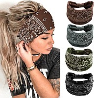 Huachi 4 Packs Thick Boho Stylish Floral Turban Wide Headbands For Women Non Slip Hairbands For Hair Sport Workout Yoga Ha