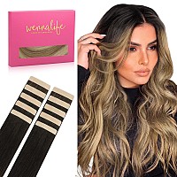 Wennalife Tape In Hair Extensions Human Hair Dark Brown To Chestnut Brown And Dirty Blonde Highlighted Tape In Extensions 10Pcs