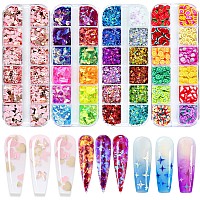 Addfavor 4 Boxes Holographic Nail Glitter Mixed Butterfly Heart Star Sequins Iridescent Flakes Fruit Nail Slice For Nail Art Dec