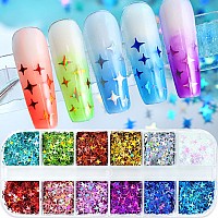 Addfavor 4 Boxes Holographic Nail Glitter Mixed Butterfly Heart Star Sequins Iridescent Flakes Fruit Nail Slice For Nail Art Dec