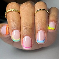 Curvlife Rainbow Short Press On Nails Stick On Nails Short Fake Nails Design Glossy Acrylic Nails Stick On Nails Tips Glue On Na