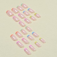 Curvlife Rainbow Short Press On Nails Stick On Nails Short Fake Nails Design Glossy Acrylic Nails Stick On Nails Tips Glue On Na