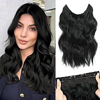 Morica Invisible Wire Hair Extensions 14 Inch Natural Black Long Wavy Synthetic Hairpiece With Transparent Wire Adjustable Siz