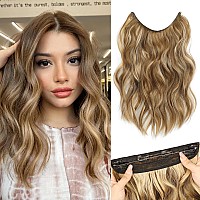 Morica Invisible Wire Hair Extensions 14 Inch Brown Mixed Blonde Long Wavy Synthetic Hairpiece With Transparent Wire Adjustabl