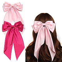 Susulu Pink Hair Bows For Women 2Pcs Big Hair Bows Longtail Pink Ribbon Bows Hot Pink Hair Bows Accessories Hair Barrettes Par