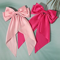 Susulu Pink Hair Bows For Women 2Pcs Big Hair Bows Longtail Pink Ribbon Bows Hot Pink Hair Bows Accessories Hair Barrettes Par