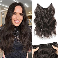 Morica Invisible Wire Hair Extensions 14 Inch Dark Brown Long Wavy Synthetic Hairpiece With Transparent Wire Adjustable Size