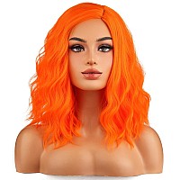 Beron Orange Wigs For Womens Short Curly Wavy Wig Girls Bright Orange Colorful Side Part Wigs Shoulder Length Heat Resistant Syn