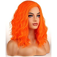 Beron Orange Wigs For Womens Short Curly Wavy Wig Girls Bright Orange Colorful Side Part Wigs Shoulder Length Heat Resistant Syn