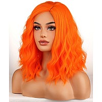 Beron Orange Wigs For Womens Short Curly Wavy Wig Girls Bright Orange Colorful Side Part Wigs Shoulder Length Heat Resistant Syn