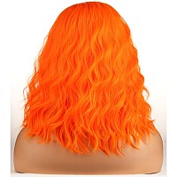 Beron Orange Wigs For Womens Short Curly Wavy Wig Girls Bright Orange Colorful Side Part Wigs Shoulder Length Heat Resistant Syn