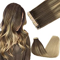 Goo Goo Tape In Hair Extensions Human Hair 418 Balayage Chocolate Brown Highlighted Dirty Blonde 14Inch 100G 40Pcs Thick Ends