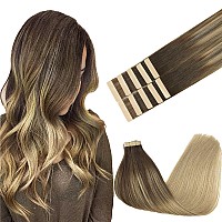 Goo Goo Tape In Hair Extensions Human Hair 418 Balayage Chocolate Brown Highlighted Dirty Blonde 24Inch 30G 10Pcs Thick Ends