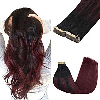 Goo Goo Tape In Hair Extensions Human Hair 199 Balayage Jet Black To Red 14Inch 100G 40Pcs Thick Ends Straight Seamless Tape