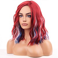 Beron Red White And Blue Wigs For Women Fourth Of July Costume Cosplay Wig Short Curly Wavy Multicolor Girls Hair Wigs