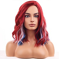 Beron Red White And Blue Wigs For Women Fourth Of July Costume Cosplay Wig Short Curly Wavy Multicolor Girls Hair Wigs