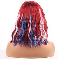 Beron Red White And Blue Wigs For Women Fourth Of July Costume Cosplay Wig Short Curly Wavy Multicolor Girls Hair Wigs