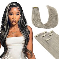 Lashey 4Pcs 46G Clip In Hair Extensions Grey Seamless Clip In Hair Extensions Human Hair With Invisi Edge 18 Inch Straight Human