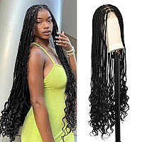 Kalyss Full Double Lace Front Knotless Braided Wigs For Women Box Braided Wig With Curly Ends Human Hair Blended Long Black Brai