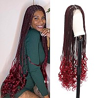 Kalyss Full Double Lace Front Knotless Braided Wigs For Women Box Braided Wig With Curly Ends Human Hair Blended Long Burgundy R