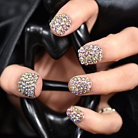 Elevenail 24Pcs Full Cover 3D Rhinestones Press On Nails Square Short Nails Women Girls Gifts Salon Manicure Shiny Crystal Nail