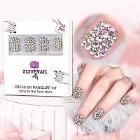 Elevenail 24Pcs Full Cover 3D Rhinestones Press On Nails Square Short Nails Women Girls Gifts Salon Manicure Shiny Crystal Nail