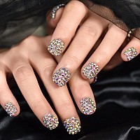 Elevenail 24Pcs Full Cover 3D Rhinestones Press On Nails Square Short Nails Women Girls Gifts Salon Manicure Shiny Crystal Nail