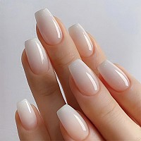 Mervf Coffin Press On Nails Medium Fake Nails Press Ons White Ombre French Tip Glue On Nails With Design Ballerina Acrylic False