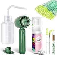 Buqikma Lash Cleaning Kit 60Ml Gentle Lash Shampoo Green Handheld Lash Fan Mascara Brush Rinse Bottle Rich Foam Eyelash Extens