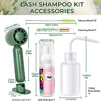 Buqikma Lash Cleaning Kit 60Ml Gentle Lash Shampoo Green Handheld Lash Fan Mascara Brush Rinse Bottle Rich Foam Eyelash Extens