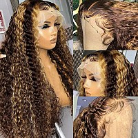 Kdmidun 28 Inch 13X6 Ombre Highlight Lace Front Wigs Human Hair Pre Plucked Deep Wave Wig 180 Density 427 Honey Blonde Colored