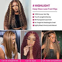 Kdmidun 28 Inch 13X6 Ombre Highlight Lace Front Wigs Human Hair Pre Plucked Deep Wave Wig 180 Density 427 Honey Blonde Colored