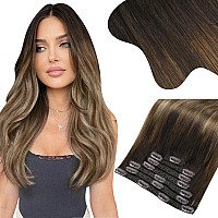 Moresoo Clip In Hair Extensions Real Human Hair Balayage Dark Brown To Dark Ash Blonde With Dark Blonde Hair Extensions Clip In