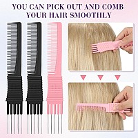 Leinuosen 3 Pack Teasing Combs With Metal Prong Salon Back Combs With Stainless Steel Lift Black Pink